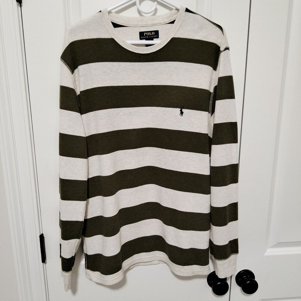 Polo Ralph Lauren Men's Waffle Knit Olive Green/Beige Striped Thermal Size Large